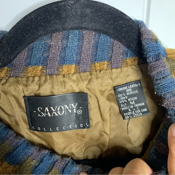 Vintage tan‎ leather knit sleeves sweater size medium men’s grandpa unique - Picture 2 of 4